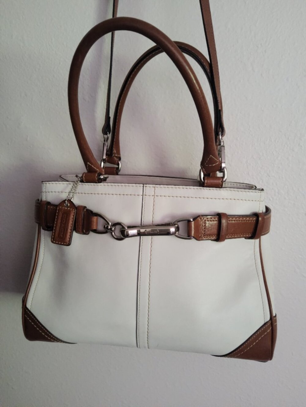 Coach Hampton Y2k Off White Leather Satchel Tote Bag with extra strap